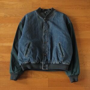 Trails's End Vintage 90s Varsity Denim Jacket Green Sleeve Bomber Style Mens XL
